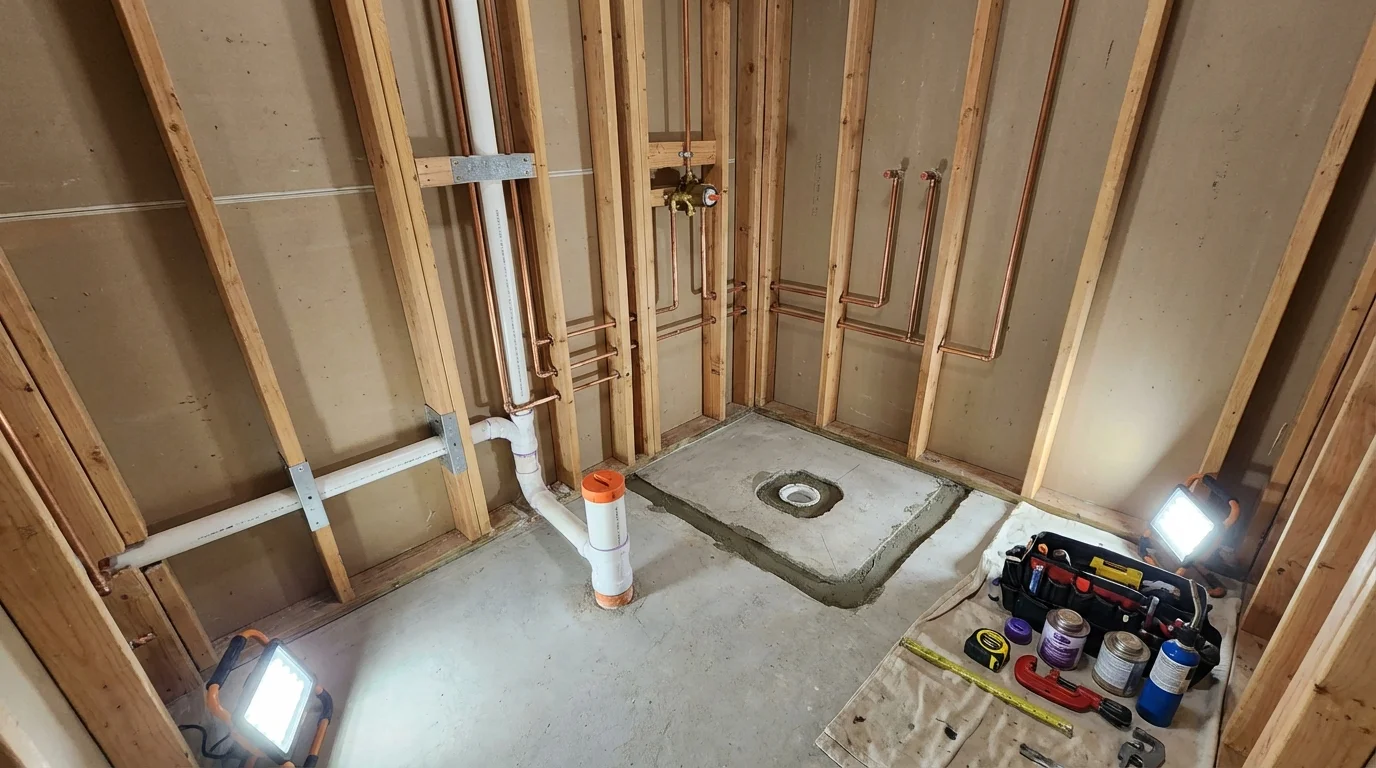 Bathroom rough-in plumbing during remodel by Johns Plumbing LLC in Cuthbert