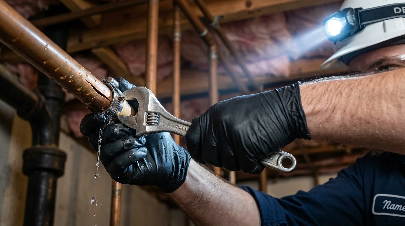 Emergency pipe clamp repair being performed by a Johns Plumbing LLC plumber in Cuthbert