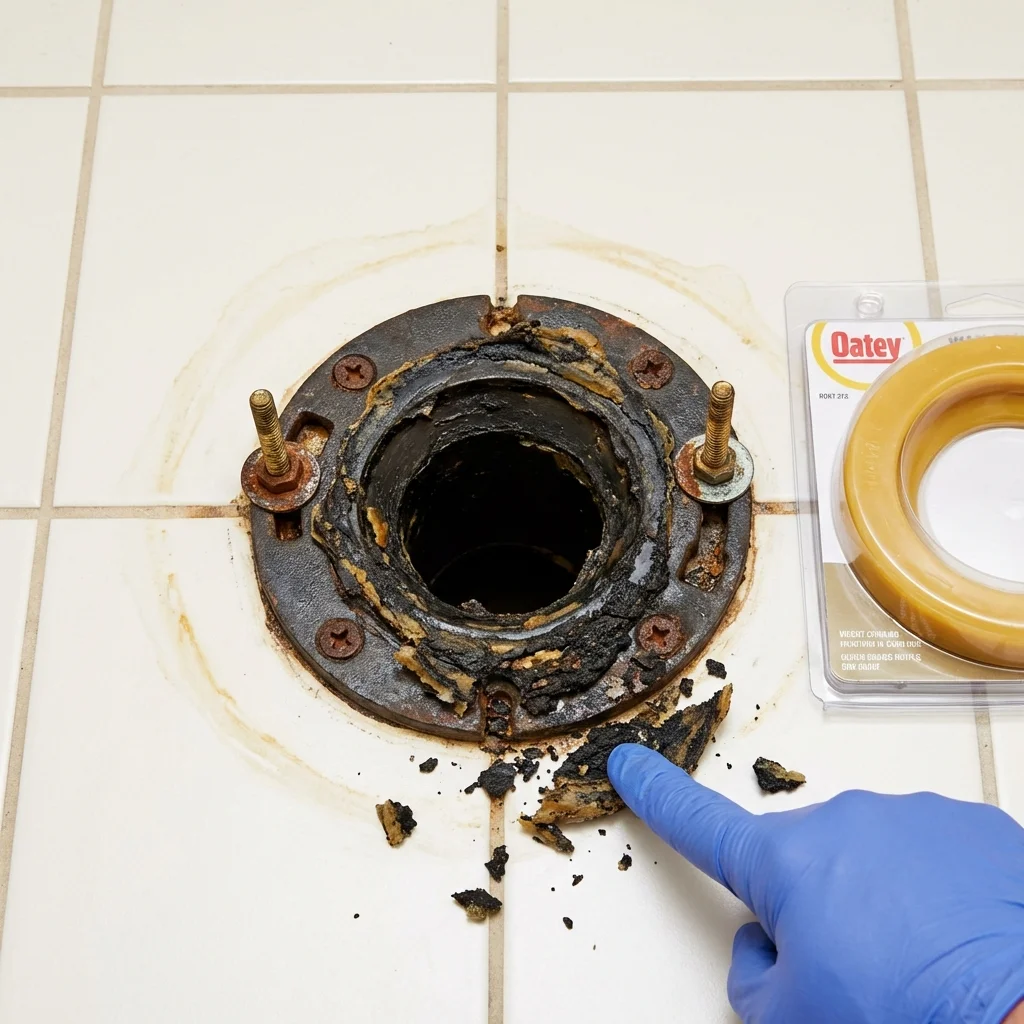 Failed wax ring showing water seepage at the base of a toilet in a Cuthbert, GA home
