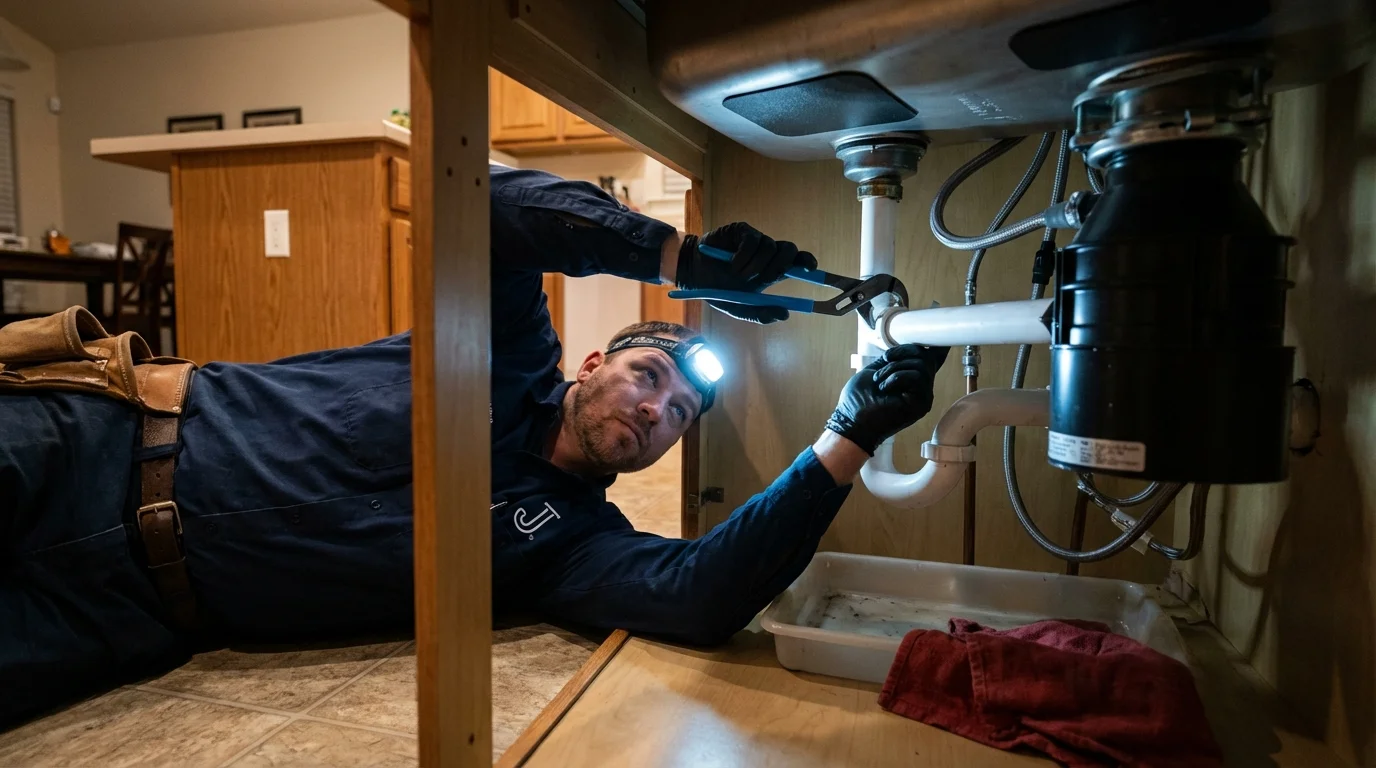P-trap and supply line connections under a kitchen sink showing a common leak point in Cuthbert, GA
